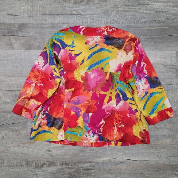 Coldwater Creek 2X Watercolor Floral Button Up Jacket Top Preppy Art Tropical - Picture 2 of 7